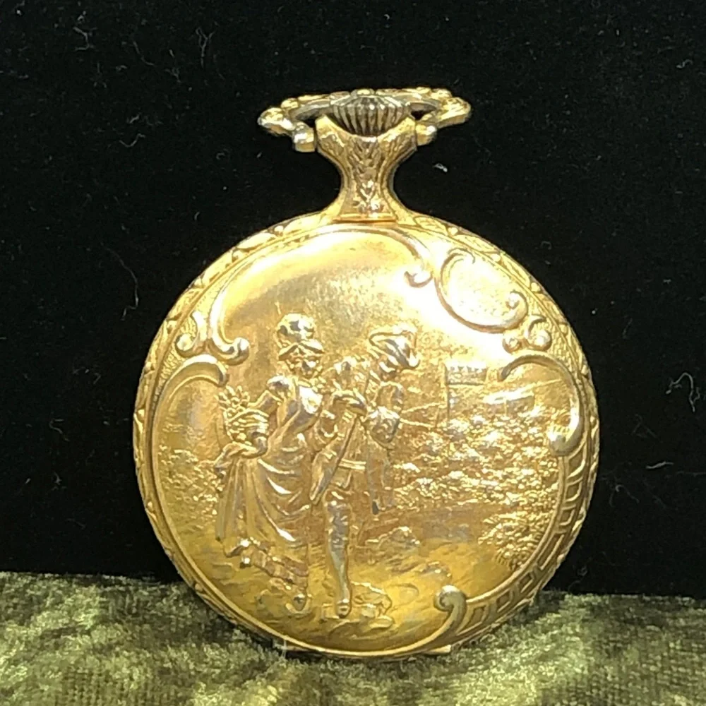 Gold Tone Floral Pocket Watch easy to change face. Victorian dancers